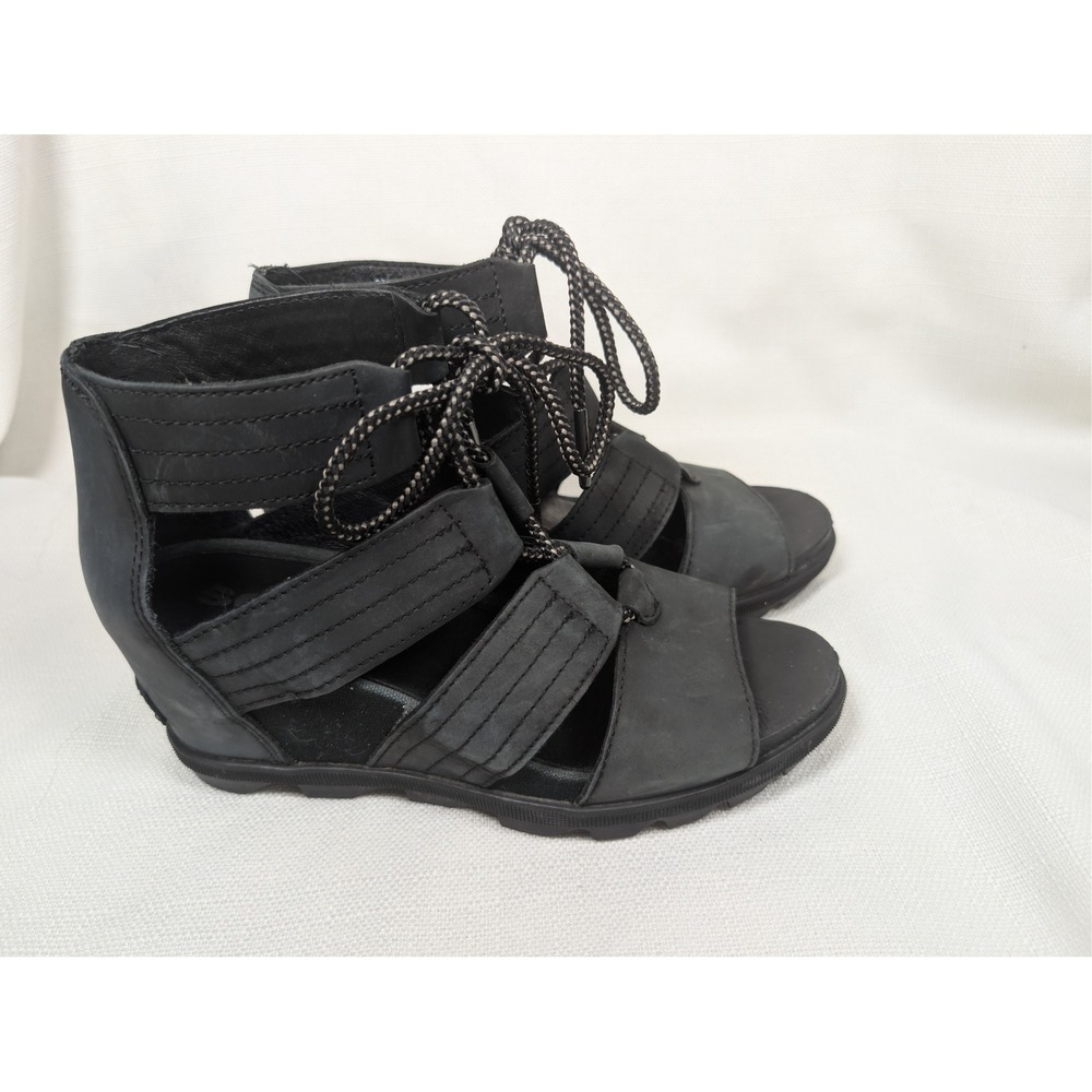 SOREL Joanie II Lace Black Leather Gladiator Wedge Sandal Womens Size 7.5